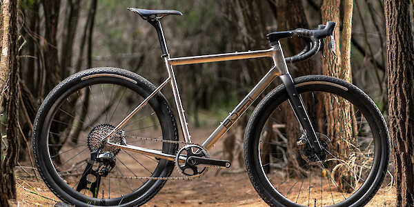 Bossi Grit SS titanium gravel bike, photographed from the side in a forestry area.