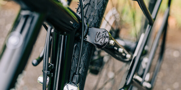 Surly frame detail on a custom-built Disc Trucker steel touring bike.