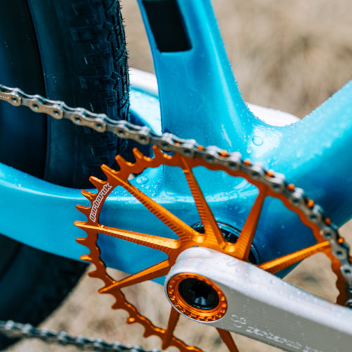 Close-up detail of a Garbaruk chain ring in orange