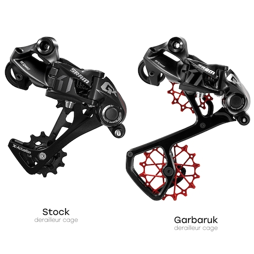 A SRAM rear derailleur comparison, one with the stock derailleur cage and one with a Garbaruk derailleur cage