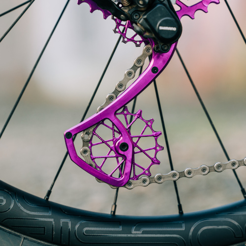 Close-up detail of a violet Garbaruk rear derailleur cage and matching jockey wheels/pulleys