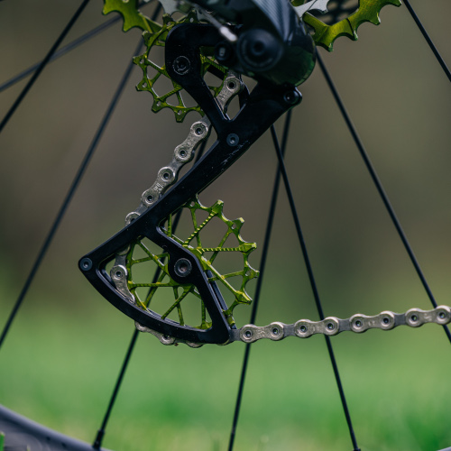Close-up detail of a set of green Garbaruk jockey wheels/pulleys