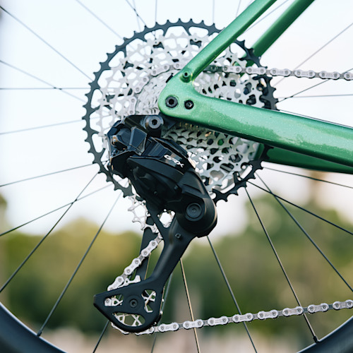 A black Garbaruk cassette and silver jockey wheels, fitted to a carbon Gothic Cycles gravel bike