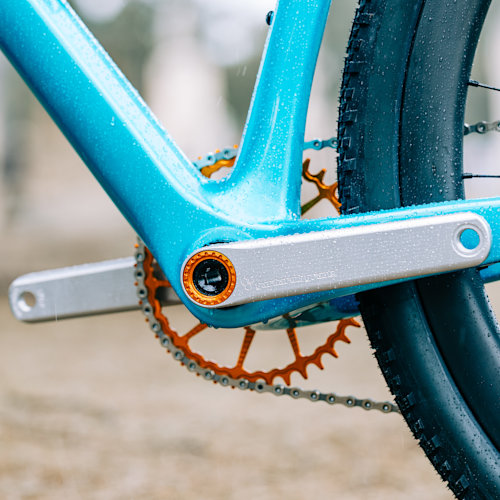 A set of silver Garbaruk cranks, fitted to a carbon Gothic Cycles gravel bike