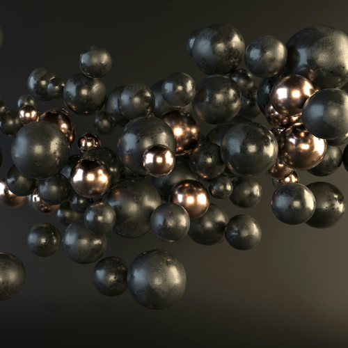 Computer image of floating balls in different shades of brown and bronze