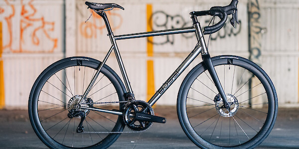 Bossi Strada Classic titanium road bike in a custom build by BMCR, shot in a warehouse with graffiti in the background