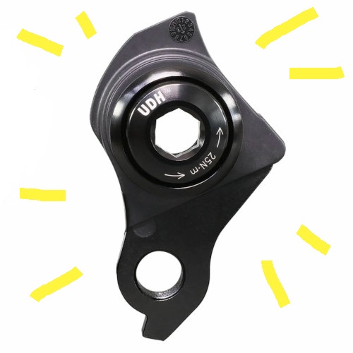 A SRAM UDH (Universal Derailleur Hanger), emphasised by yellow rays surrounding it.