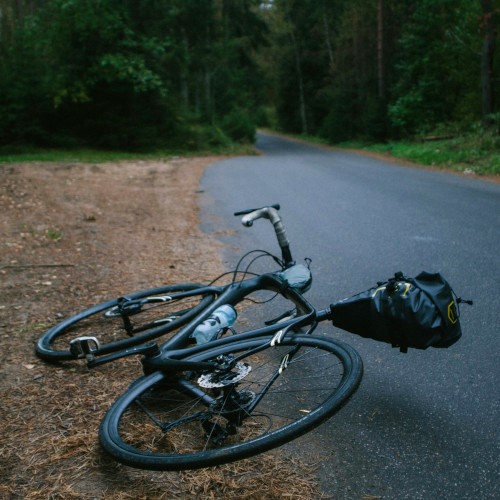 A bicycle lying on its side on the side of the road, in a woodland environment.