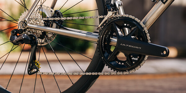 Drivetrain detail on a Bossi Strada Classic titanium road bike, custom-built by Bio-Mechanics Cycles & Repairs