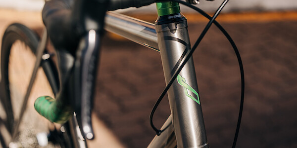 Hand-painted head tube decal on a Bossi Strada Classic titanium road bike, custom-built by Bio-Mechanics Cycles & Repairs