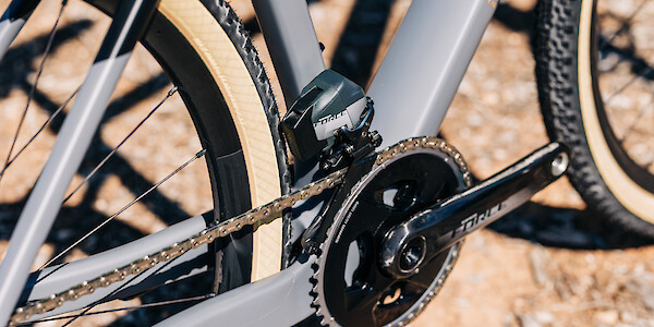 Gear/drivetrain detail on a Gothic Cycles Aix carbon gravel bicycle, created by Bio-Mechanics Cycles & Repairs.