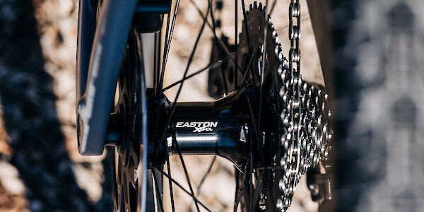 Rear hub detail on the wheel of a Gothic Cycles Aix carbon gravel bicycle, created by Bio-Mechanics Cycles & Repairs.