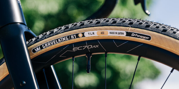 Detail of a gravel tyre and Easton carbon wheel, fitted to a Gothic Cycles Aix carbon gravel bicycle, created by Bio-Mechanics Cycles & Repairs.