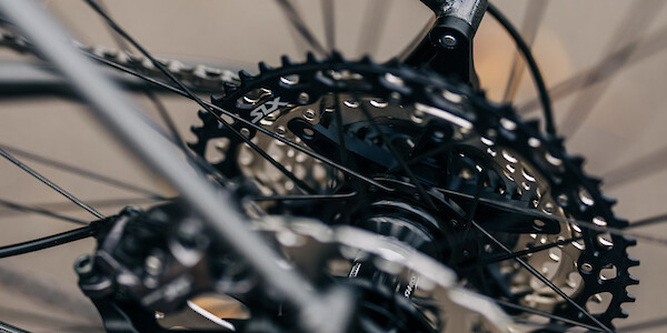 Cassette (rear gear) detail on an Esker Hayduke touring mountain bike, custom-built by Bio-Mechanics Cycles & Repairs.