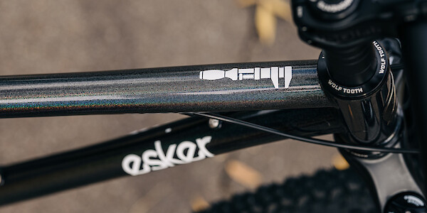 Top tube frame decal detail on an Esker Hayduke touring mountain bike, custom-built by Bio-Mechanics Cycles & Repairs.