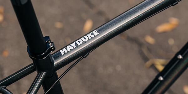 Frame decal detail on an Esker Hayduke touring mountain bike.