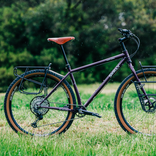 A Surly Karate Monkey, custom-built by Bio-Mechanics Cycles & Repairs, photographed on a rainy day in a park.