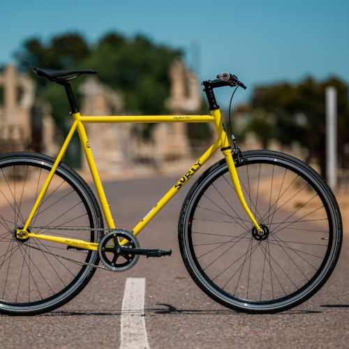 A Surly Steamroller bicycle, custom-built by Bio-Mechanics Cycles & Repairs, shot on a sunny day in a graveyard.