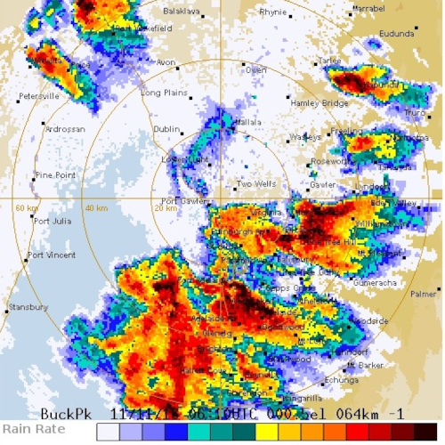 The BOM weather radar over Adelaide, showing a very heavy rainfall coming through.