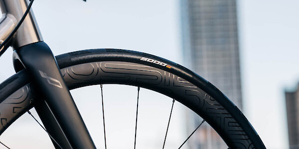 Carbon fork detail on a custom-built Bossi Summit titanium road bicycle, photographed on a roof carpark with city buildings in the background