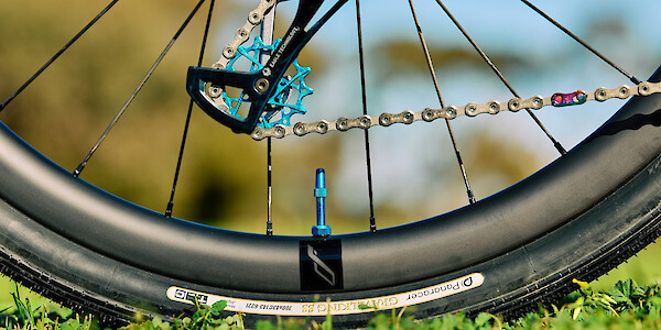 Detail of Garbaruk jockey wheels and a Bossi carbon gravel wheel