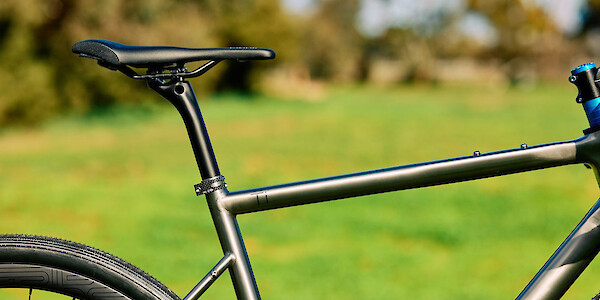 Frame detail on a Bossi Grit SS titanium gravel bike, custom-built by Bio-Mechanics Cycles & Repairs