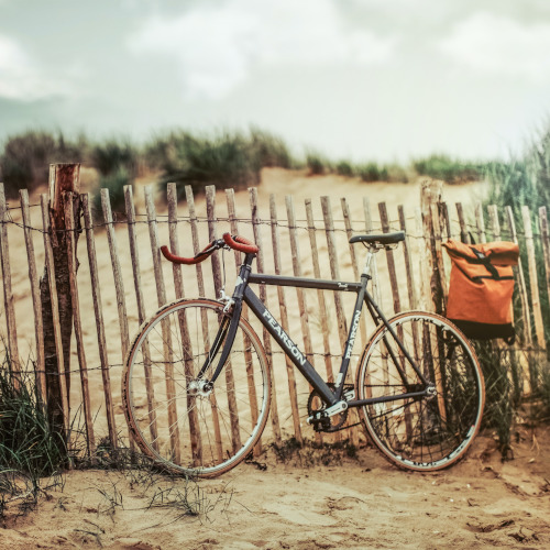 A single-speed bike leaning against a fence on a beach.