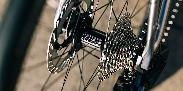 Detail of a Tune rear hub on a Bossi Summit titanium endurance bike