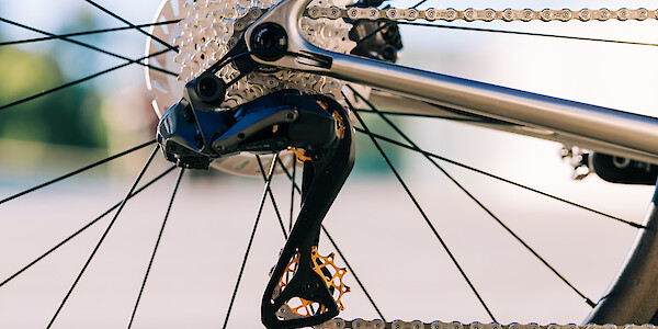 Gold Garbaruk rear derailleur pulleys fitted to a custom-built Bossi Summit titanium endurance bike