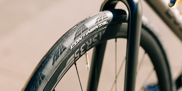 Tune T35 wheel with a Continental GP5000 tyre, fitted to a Bossi Summit titanium endurance bike
