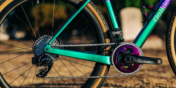 SRAM Force AXS drivetrain detail on a custom-built Gothic Aix carbon gravel bike, with hand-detailed purple accents