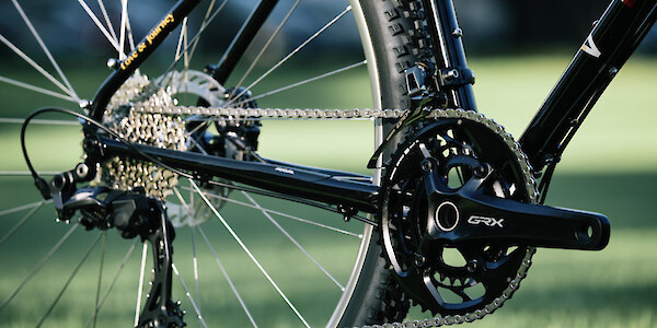Shimano GRX groupset detail on a custom-built Veloci Roadmance steel gravel bicycle