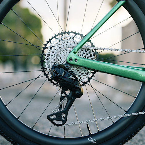 Black Garbaruk cassette and silver jockey wheels, fitted to a carbon Gothic Cycles gravel bike