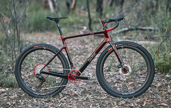 Gothic Cycles carbon gravel bike, custom built, photographed in a dark and leafy forest