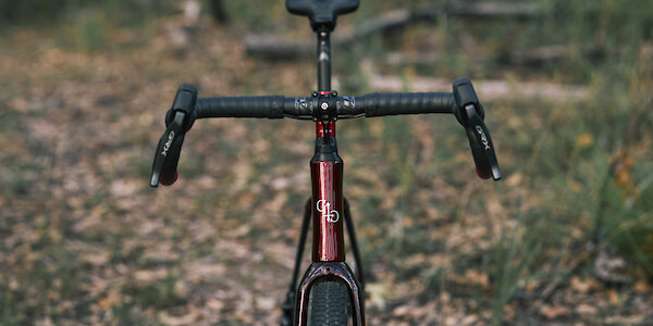 Red and black custom-built Gothic Cycles carbon gravel bike, photographed head-on in a forest