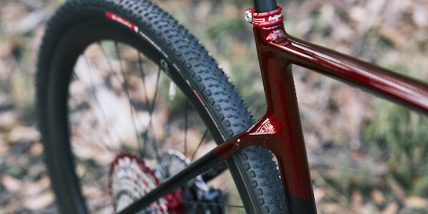 Frame detail on a custom-built Gothic Cycles carbon gravel bike in a red and black glitter finish, photographed in a forest