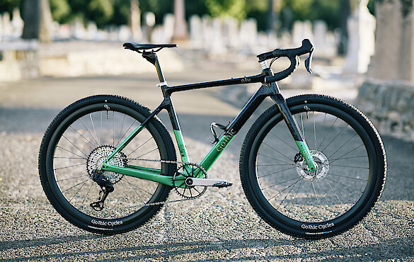 Gothic Aix carbon gravel bike, custom-built by Pete (Gothic Cycles' co-founder), in an Adelaide graveyard