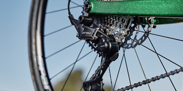 Shimano GRX rear derailleur and cassette on a custom-built Gothic Aix gravel bike
