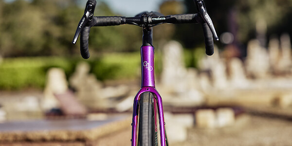 Front-on view of a green and purple Gothic Aix custom-made carbon gravel bike