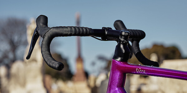 Handlebar and cockpit detail on a custom-made carbon Gothic Aix gravel bike