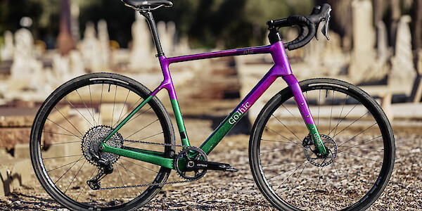 Jeremy's custom Gothic Aix gravel bike in green and purple, photographed at West Terrace Cemetery, Adelaide