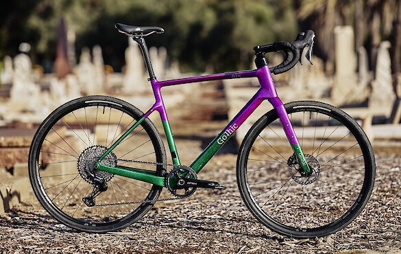 Jeremy's custom Gothic Aix gravel bike in green and purple, photographed at West Terrace Cemetery, Adelaide