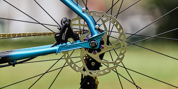 Purple disc rotor bolts on a Shimano Cues rear brake