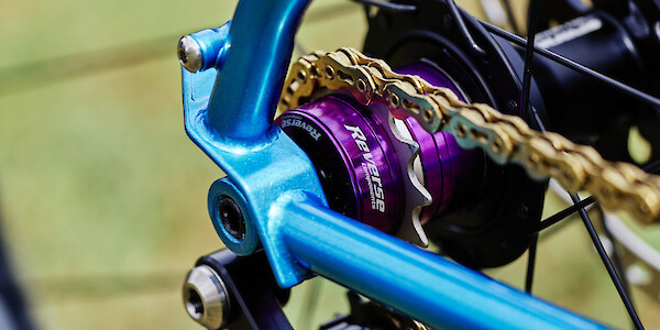 Purple singlespeed conversion kit and gold chain on a blue-airbrushed Veloci Roadmance