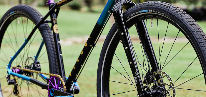 Custom-built steel Veloci Roadmance gravel bike with blue and purple accents
